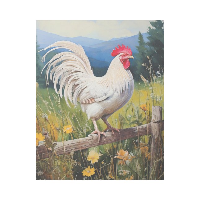White Rooster Standing on Fence in Meadow Gallery Wrap (Front)