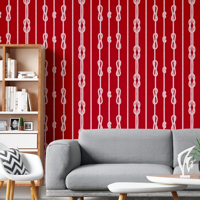 White rope and sailor's knots pattern on red wallpaper  (White rope and sailor's knots pattern on red wallpaper)