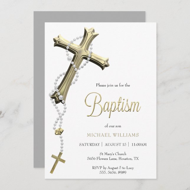White Rosary Decorated Gold Cross Baptism Invitation (Front/Back)