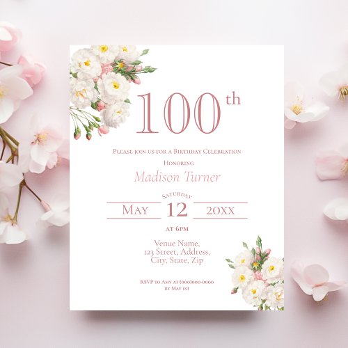 White Rose  100th Birthday Budget Invitation