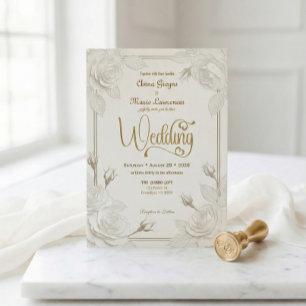 White Rose 3D Paper Cut Effect Faux Gold Wedding Invitation