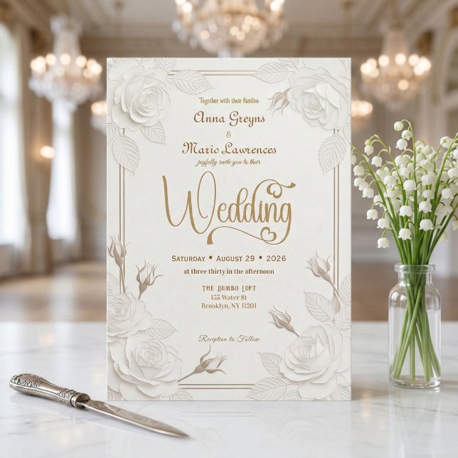 White Rose 3D Paper Cut Effect Faux Gold Wedding Invitation (Creator Uploaded)