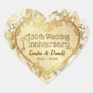 White Rose 50th Golden Wedding Anniversary Heart Sticker