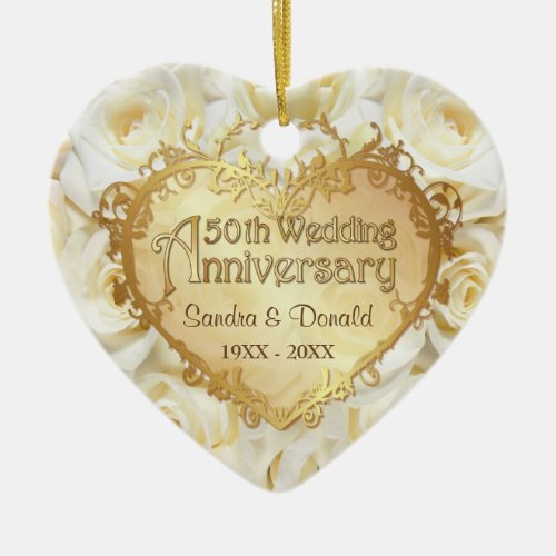 White Rose 50th Wedding Anniversary Ceramic Ornament