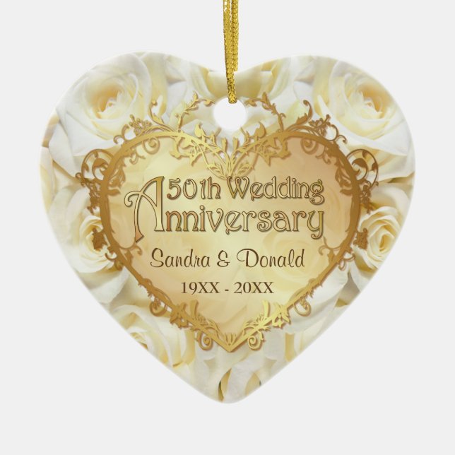 White Rose 50th Wedding Anniversary Ceramic Ornament (Front)