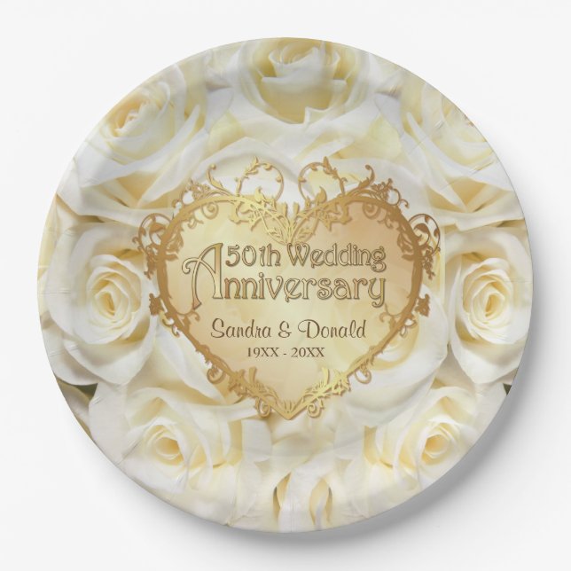 White Rose 50th Wedding Anniversary Paper Plates (Front)