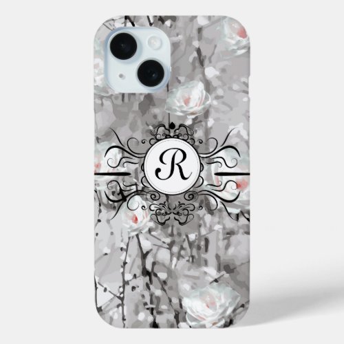 White rose abstract floral gray white black iPhone 15 case