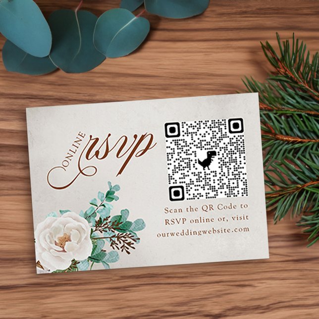 White Rose and Eucalyptus Online RSVP QR Code  Enclosure Card (Winter Wedding Online RSVP Card with QR code, elegant calligraphy, white rose and eucaluptus)