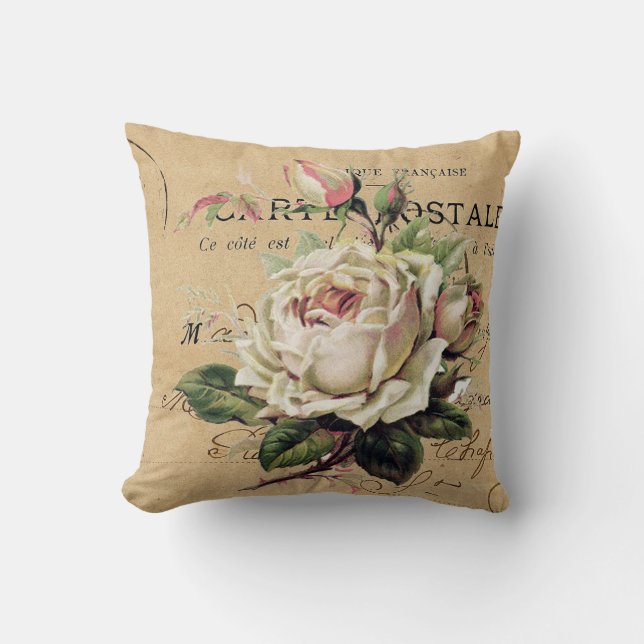 white rose and french postcard shabb chic throw pillow (Front)