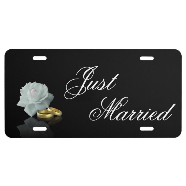 White Rose and Golden Rings Wedding License Plate (Front)