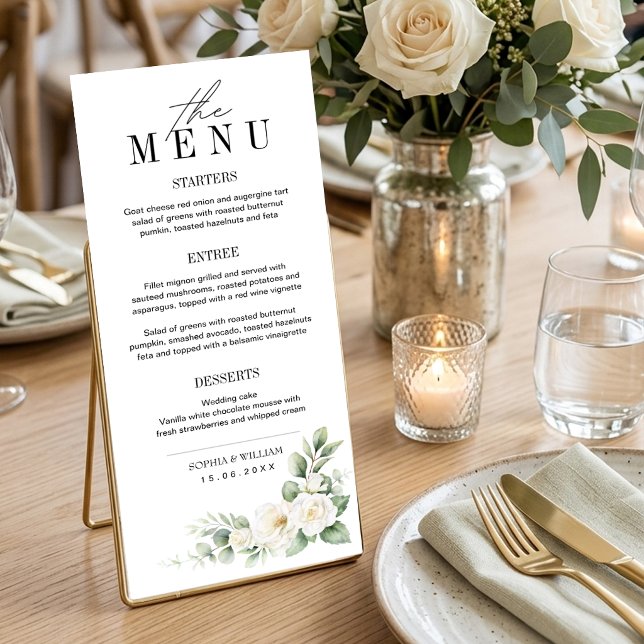 White Rose and Greenery Wedding Menu Card (Creator Uploaded)