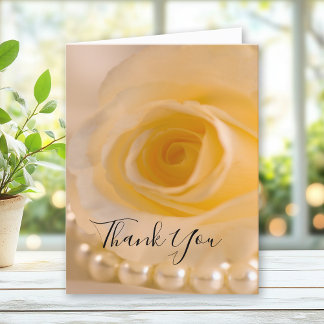 White Rose and Pearls Wedding Thank You Note Card