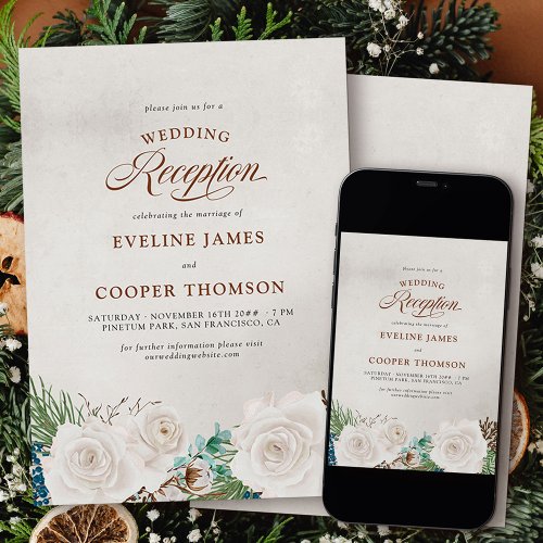 White Rose and PineWinter Wedding Reception Only Invitation