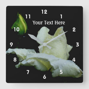 White Rose And Raindrops Flower Personalized Square Wall Clock