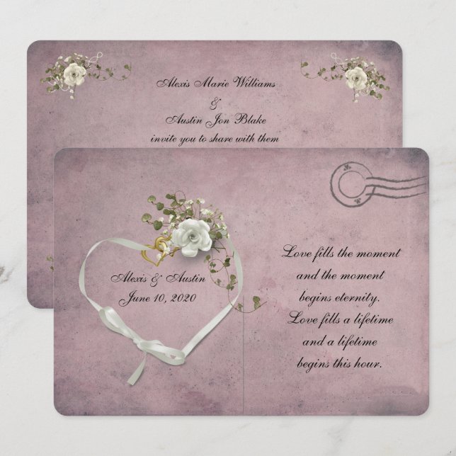 white rose and ribbon heart pink postcard (Front/Back)