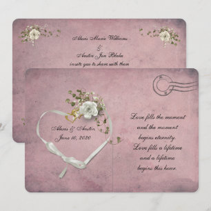 white rose and ribbon heart pink postcard