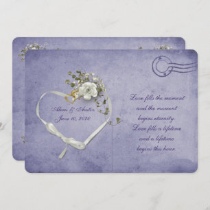 white rose and ribbon heart purple postcard