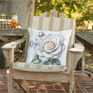 White Rose and rosebud, Silver Leaves Outdoor Pillow