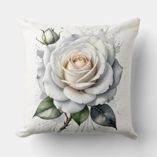 White Rose and rosebud, Silver Leaves Throw Pillow