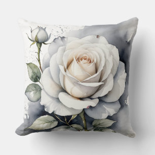 White Rose and rosebud, Silver Leaves Throw Pillow
