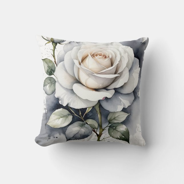 White Rose and rosebud, Silver Leaves Throw Pillow (Front)