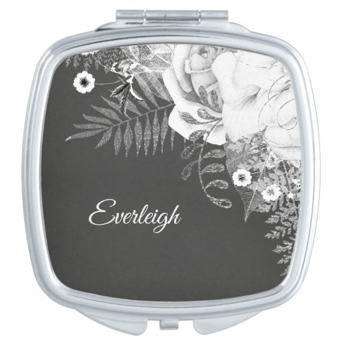 White Rose and Silver Floral Compact Mirror