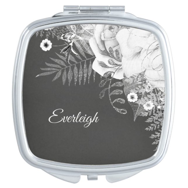 White Rose and Silver Floral Compact Mirror (Front)