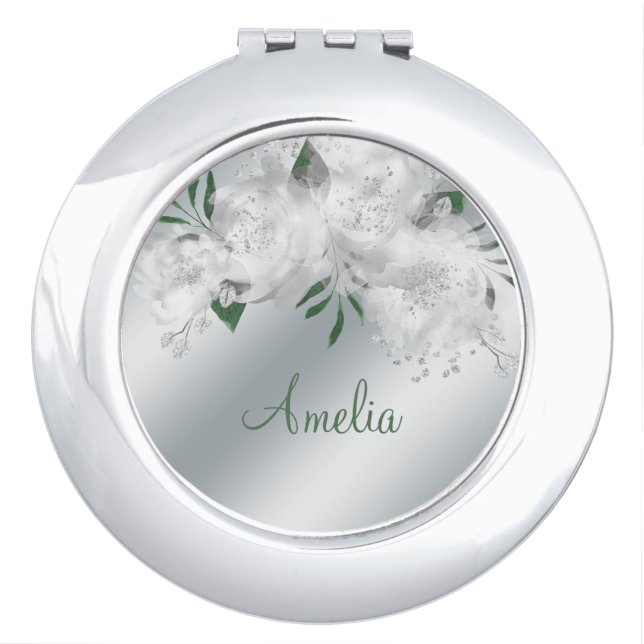 White Rose and Silver Floral Compact Mirror (Front)