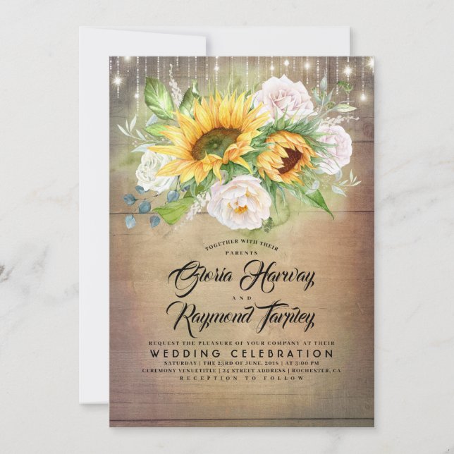 White Rose and Sunflower Rustic Fall Wedding Invitation (Front)