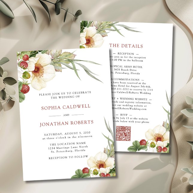 White Rose and Wild Strawberry Wedding Invitation (White Roses and Wild Strawberries Wedding Invitations)