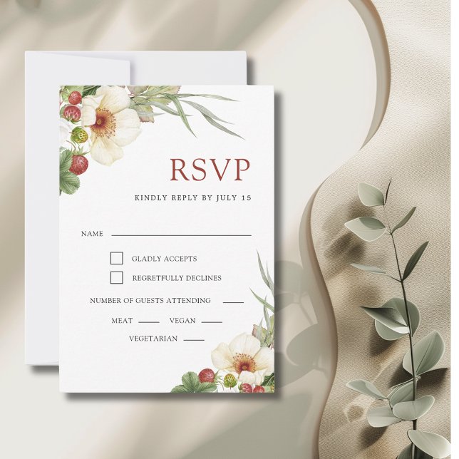 White Rose and Wild Strawberry Wedding RSVP Card (White Rose and Wild Strawberry Wedding RSVP Card with Envelope)