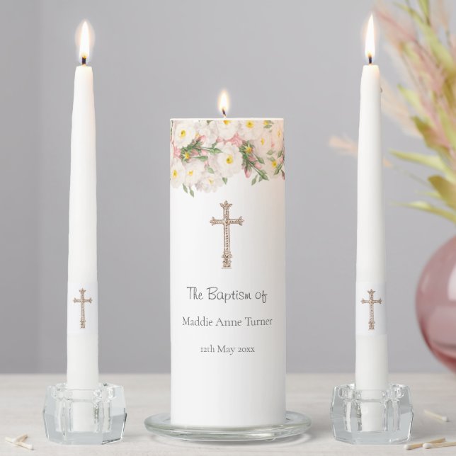 White Rose Baptism Keepsake Pillar Candle (In Situ)