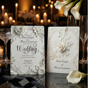 White Rose Bas Relief Faux Embossed Wedding Invitation