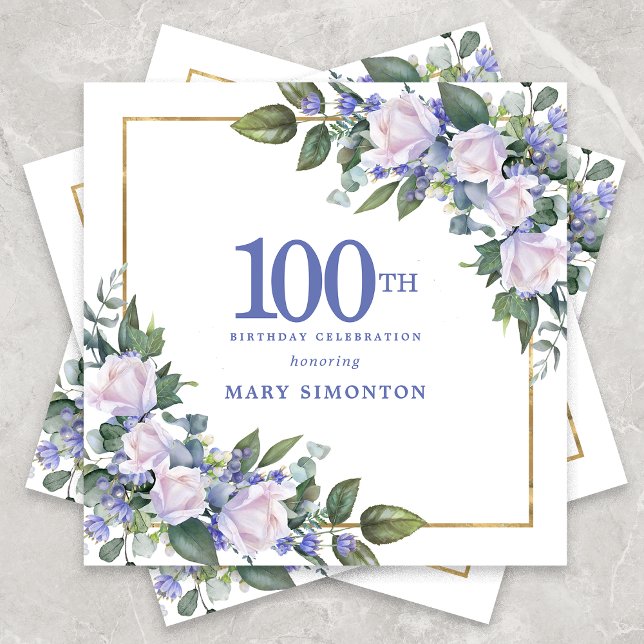 White Rose Blue Floral Custom 100th Birthday Party Napkins (Creator Uploaded)