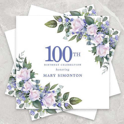 White Rose Blue Floral Custom 100th Birthday Party Napkins