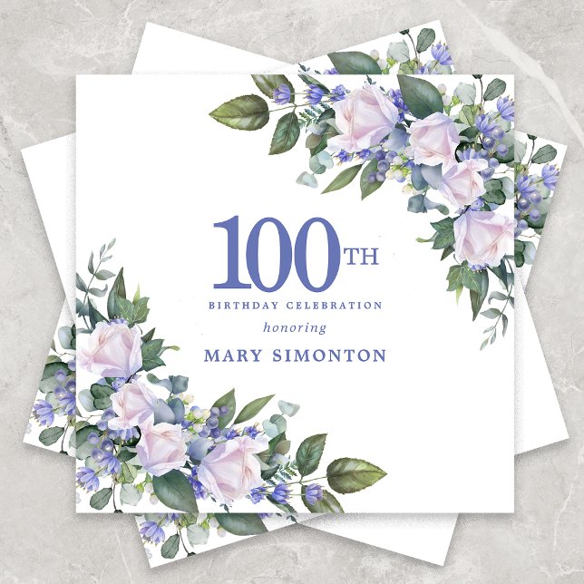 White Rose Blue Floral Custom 100th Birthday Party Napkins (Creator Uploaded)