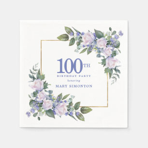 White Rose Blue Floral Custom 100th Birthday Party Napkins