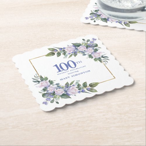 White Rose Blue Floral Custom 100th Birthday Party Paper Coaster