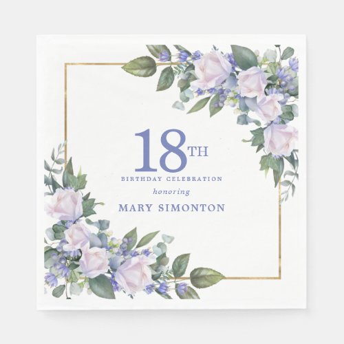 White Rose Blue Floral Custom 18th Birthday Party Napkins