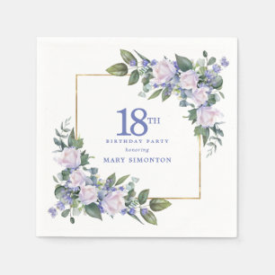White Rose Blue Floral Custom 18th Birthday Party Napkins