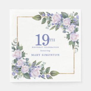 White Rose Blue Floral Custom 19th Birthday Party Napkins