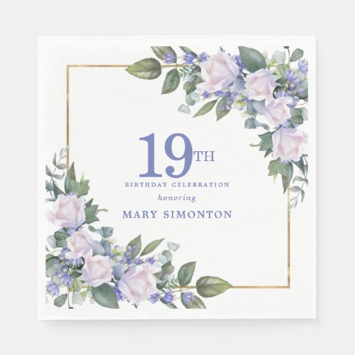 White Rose Blue Floral Custom 19th Birthday Party Napkins