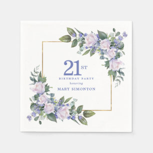 White Rose Blue Floral Custom 21st Birthday Party Napkins