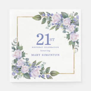 White Rose Blue Floral Custom 21st Birthday Party Napkins