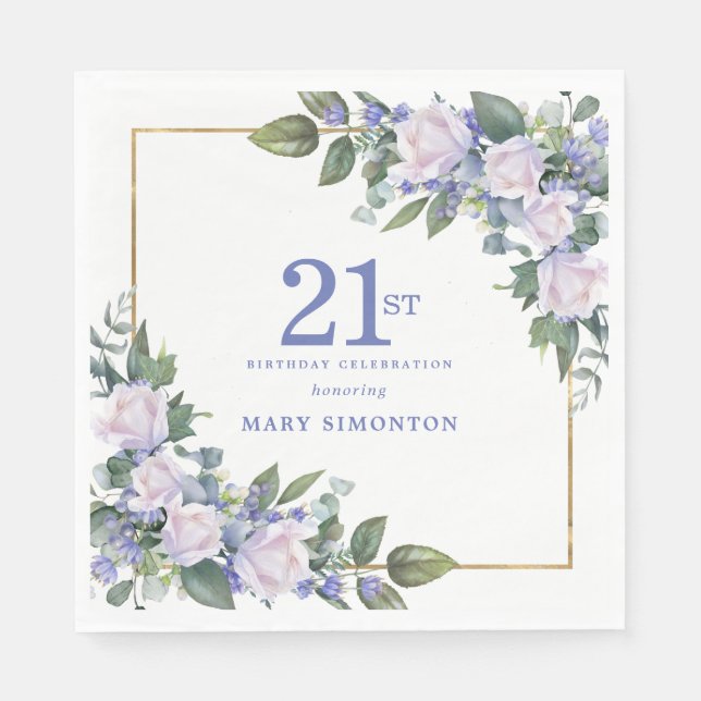 White Rose Blue Floral Custom 21st Birthday Party Napkins (Front)