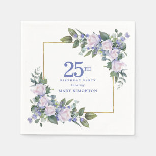 White Rose Blue Floral Custom 25th Birthday Party Napkins