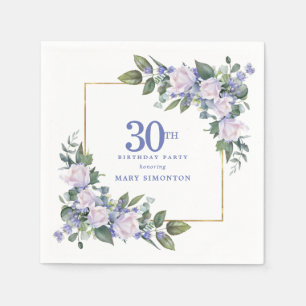 White Rose Blue Floral Custom 30th Birthday Party Napkins