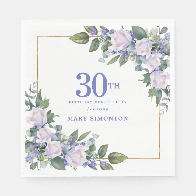 White Rose Blue Floral Custom 30th Birthday Party Napkins (Front)