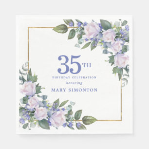 White Rose Blue Floral Custom 35th Birthday Party Napkins