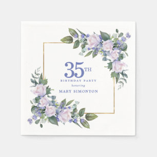 White Rose Blue Floral Custom 35th Birthday Party Napkins